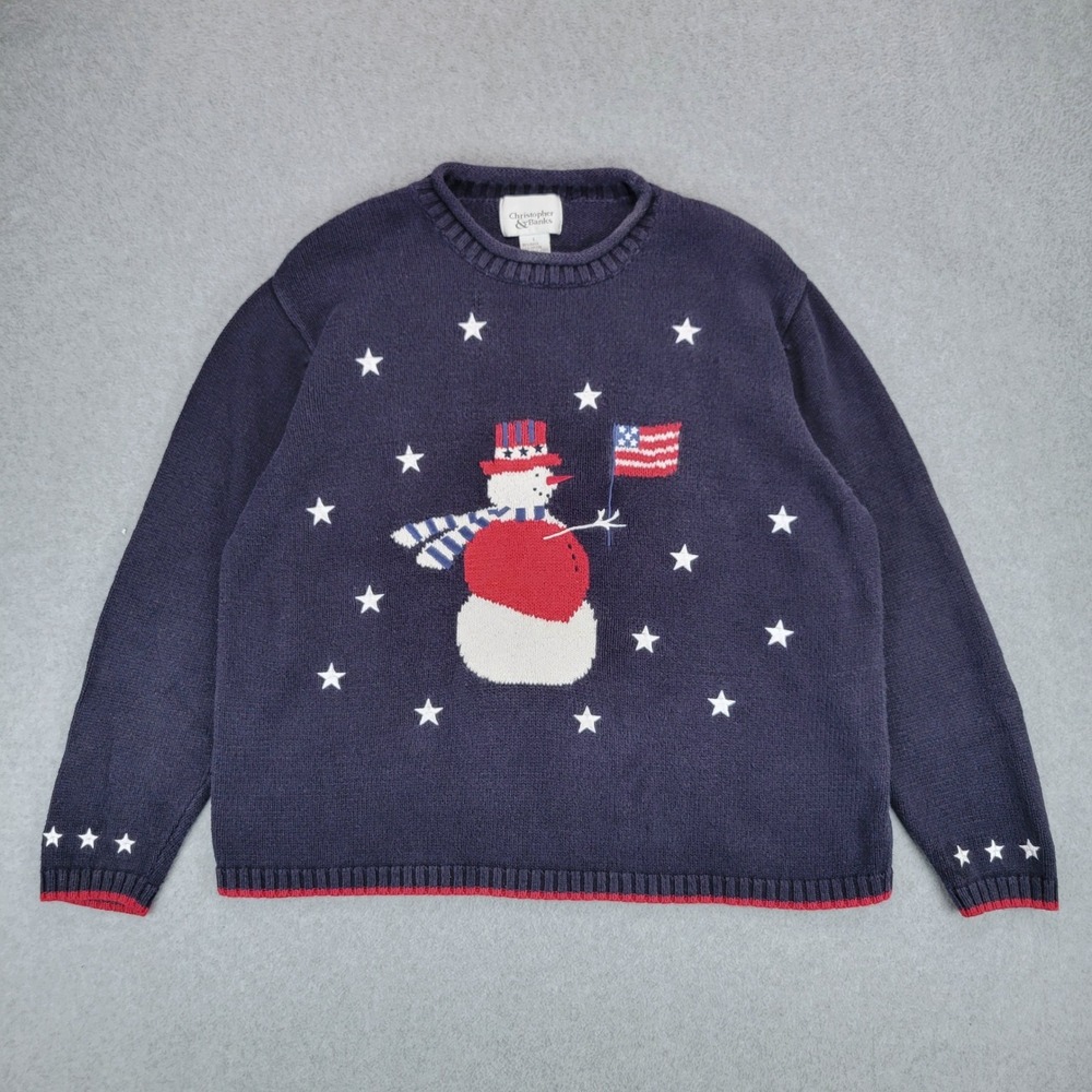 Christopher & Banks Snowman‎ Sweater Women Large Navy Patriotic Star Flag Knit